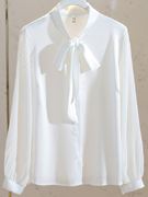 大码白色雪纺衬衫女秋季职业装系带，蝴蝶结设计正装长袖上衣潮