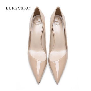 lukecsion舒适高跟鞋女秋真皮，浅口中跟裸色漆皮尖头，细跟大码单鞋