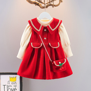 女童加绒连衣裙秋冬洋气，公主裙婴幼儿拜年服红色背心裙两件套