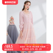 艾丽丝2024年春季网纱拼接粉色公主裙蝴蝶结中长款法式连衣裙