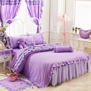 韩版田园公主床品全棉，斜纹紫色物语床裙四件套，纯棉花边床上用品