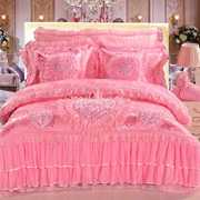 高档韩版蕾丝四件套大红全棉，婚庆公主粉色结婚床上用品纯棉六八十
