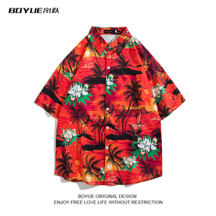 boyue帛跃夕阳沙滩衬衫，夏季欧美夏威夷风度假休闲家居，红色短袖男