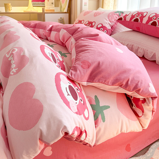 迪士尼床上四件套纯棉全棉100草莓熊女儿童粉床单被套床笠三件套4