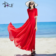 红色雪纺连衣裙女长款到脚踝夏季收腰显瘦大摆裙气质圆领超长裙子