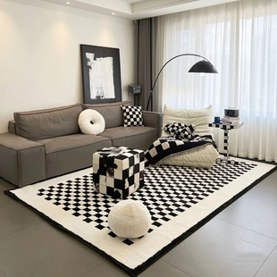 黑白北欧棋盘格地毯可擦防水地垫圈绒美式沙发毯茶几地垫卧室网红