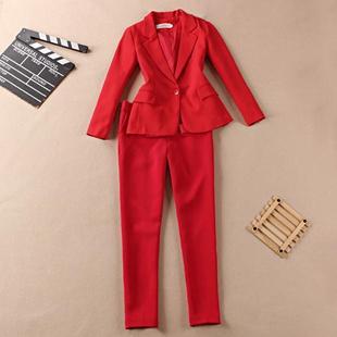 早春女西装2019红色，修身小西服时尚职业套装，ol西装长裤套装
