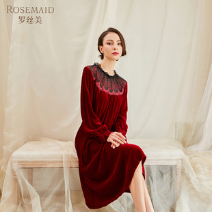 Rosemaid/罗丝美丝绒圆领镶孔雀花型蕾丝奢华长袖睡裙11213