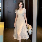 2023夏季法式连衣裙温柔韩版甜美高腰显瘦仙女蕾丝雪纺裙子