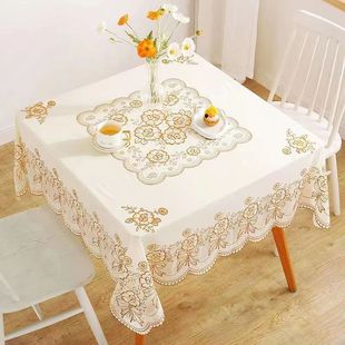 pvc正方形桌布烫金蕾丝，塑料餐桌盖布，防水防油防烫免洗八仙桌台布