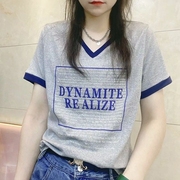 V领短袖T恤2024夏季休闲韩版时尚ins宽松显瘦洋气印花上衣潮