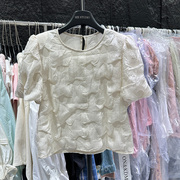 韩系简约时尚白色雪纺宽松短袖，圆领娃娃衫云朵，肌理感泡泡袖衬衫