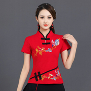 夏季民族风女装棉t恤t短袖立领，中国风刺绣花复古手工盘扣拼接