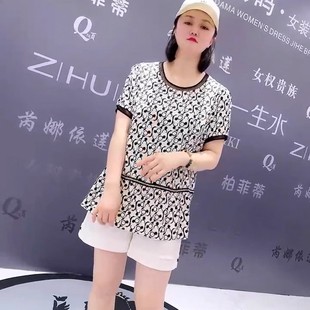 芮娜依莲5939夏季圆领短袖拼接散摆遮肉显瘦一手长衫大码女装