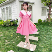 女童夏季短袖公主连衣裙，2023中大童洋气娃娃，领棉布裙子学院风