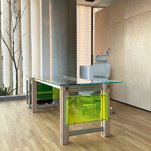 设计师创意电脑桌铝型材钢化玻璃桌，家用书房卧室办公桌工作写字台