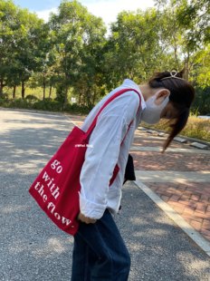 wfei韩版ins日系红色质感，帆布单肩包简约字母流行精致布袋学生包