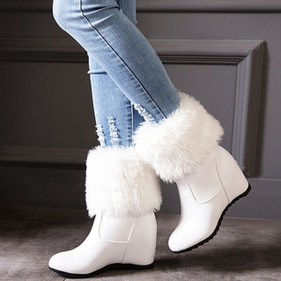 白色雪地靴白色毛毛靴白色女靴，舒适隐形内增高坡跟短靴大码40-43