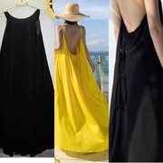 波西米亚黄色黑色沙滩裙，海边度假超仙仙女，飘逸显宽松吊带连衣裙