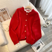红色毛衣女(毛衣女)款，2024秋冬蕾丝，拼接高级感超好看冬季针织开衫外套