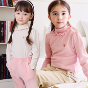 bebezoo韩国童装2022冬女童，高领t恤弹力厚打底衫花瓣领刺绣套头衫