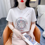 2024夏季新中式国风印花盘扣短袖t恤女宽松纯棉体恤白色上衣