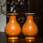 清代珊瑚红釉描金螭龙，捧寿花瓶(一对)文玩古董瓷器艺术品收藏