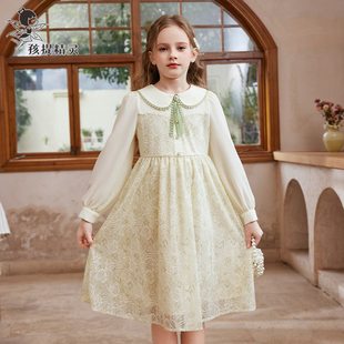 女童娃娃领蕾丝连衣裙，2024春装洋气儿童公主，裙中大童长袖裙子