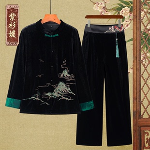 新中式中老年女装妈妈春秋，休闲套装金丝绒上衣裤子两件套洋气