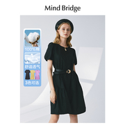 MindBridge女士圆领纯棉连衣裙2025夏季新款泡泡袖纯色中长款裙子