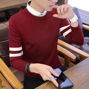 假两件毛衣男韩版修身带领线衣青年衬衫领红色针织衫打底衫