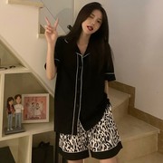 韩国睡衣女夏季棉质短袖网红黑色豹纹短裤可外穿家居服套装潮
