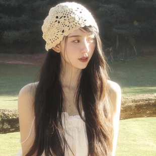 针织帽女夏季薄款镂空手工，钩花针织帽子秋季女士，时髦薄款包头帽子
