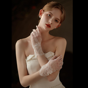 WG075简约超仙白色短款网纱拼接软蕾丝晚宴礼服显瘦新娘婚纱手套
