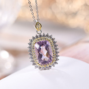 s925纯银天然紫水晶，轻奢彩宝潮吊坠个性气质，时尚方形女士项链挂坠