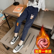 女童加厚牛仔裤冬季女孩加绒棉裤，中大童弹力保暖宝宝一体绒裤