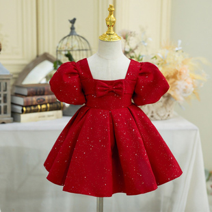 女宝宝周岁礼服洋气女童，生日晚礼服长袖红色，小花童公主裙夏款