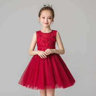 女童礼服公主裙蓬蓬纱生日红色洋气小女孩花童儿童钢琴演出服夏季