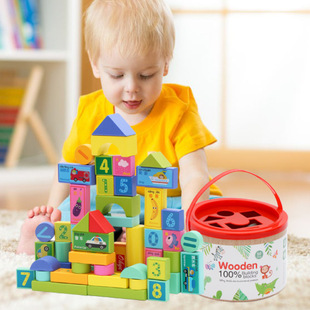 大块木制儿童桶装数字，交通水果积木，1-3-6周2岁宝宝幼儿园益智玩具