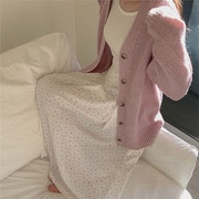 包臀毛衣外套，韩国粉色针织衫女2024春百搭中长款外穿开衫
