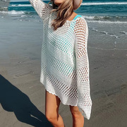 欧美亚马逊宽松沙滩罩衫，跨境外贸女装镂空针织罩衫喇叭袖沙滩裙