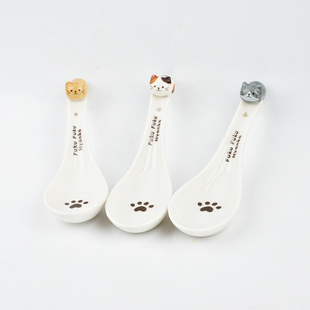 日本出口hapins卡通猫咪立体勺子可爱儿童陶瓷吃饭勺火锅沙拉碗勺