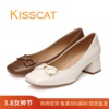 KISSCAT接吻猫2024春款粗跟方头浅口羊皮女鞋单鞋气质法式中跟鞋