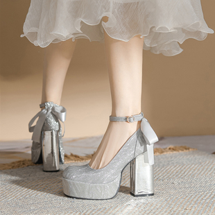 增高12cm小个子银色高跟鞋，粗跟法式玛丽珍婚鞋厚底防水台法式单鞋