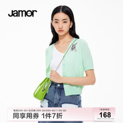 jamor淡绿薄款针织开衫女夏季小猫图案可爱俏皮短袖上衣