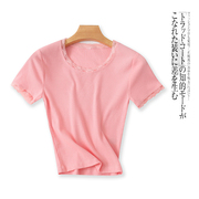 螺纹棉T恤 夏季外贸女装修身圆领套头短袖蕾丝拼接T恤26424