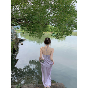 ke7en可人 紫罗兰氤氲紫色连衣裙夏季收褶缎面露背长裙