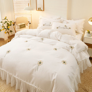 法式白色床裙款床上用品四件套100纯棉全棉公主风床单被套蕾丝夏4