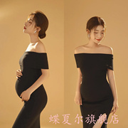 影楼孕妇拍照服装黑色针织连衣裙显瘦高级感孕妈写真摄影衣服