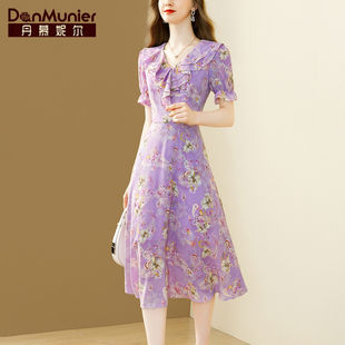 丹慕妮尔紫色v领连衣裙女夏季气质收腰印花中长款雪纺裙